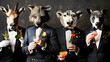 © Like Animals - Group portrait of wild animal characters dressed in formal black tie suits ties and dresses enjoying cocktails and socializing at an elegant and sophisticated party or event  Surreal humorous