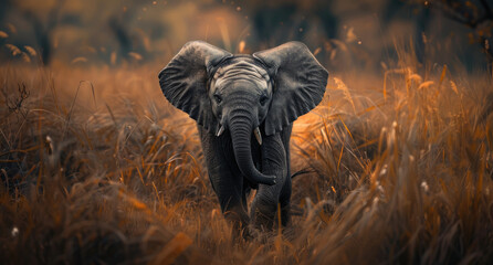 Wall Mural - A baby elephant running through the savannah at sunrise