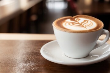 Wall Mural - Cappuccino on a wooden table in a coffee shop