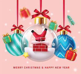 Wall Mural - christmas ball crystal vector design. merry christmas and happy new year greeting text with funny sa