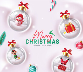Wall Mural - Merry christmas greeting vector design. Christmas greeting text with snowman, elf, santa claus character and gift box elements in crystal ball glass for xmas decoration background. Vector illustration