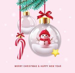 Wall Mural - Christmas ball glass vector design. Snowman character in hanging snow glass crystal ball with merry christmas and happy new year greeting text for winter xmas poster.  Vector illustration new year 