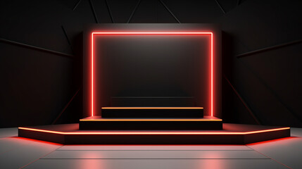 The Futuristic Podium with Radiant Neon Illumination with Highlighting Innovation. Ideal for use in product showcases, event promotions, tech exhibitions, and creative displays