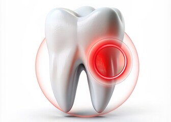 A close-up of a tooth model on a white background with a red circle around the gum line, symbolizing toothache pain and gum irritation.