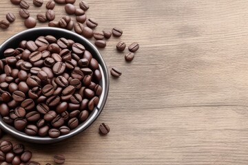 Wall Mural - Flat-lay Coffee bean roasted over a wooden table with a copy space