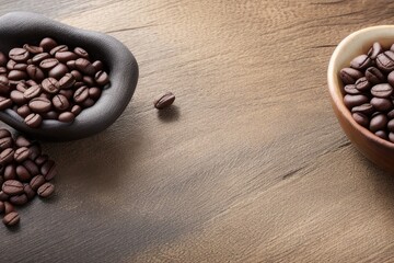 Flat-lay Coffee bean roasted over a wooden table with a copy space