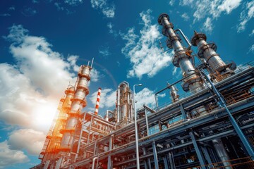 Oil refinery plant against blue sky. Petroleum crude oil industry factory. Industrial scenery of gas energy production