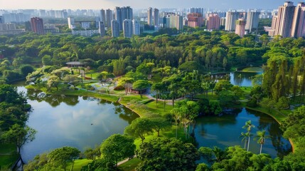 Wall Mural - Explore the harmonious blend of nature and architecture with an aerial view of the green spaces.