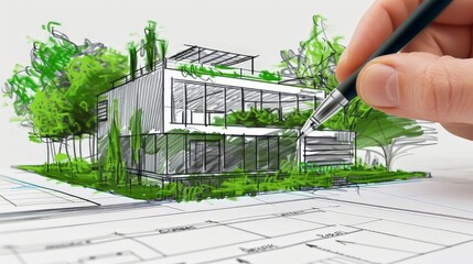 Wall Mural - Illustrate an architect sketching the initial concept for a sustainable eco-friendly home, incorporating green roofs and solar panels. Emphasize the innovative and environmentally conscious design.