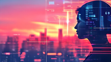 head with binary code background