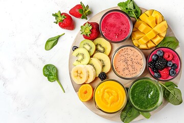 Board and plate of tasty Smoothies with on white background.