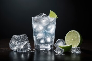 gin tonic with splash and lime over a black background