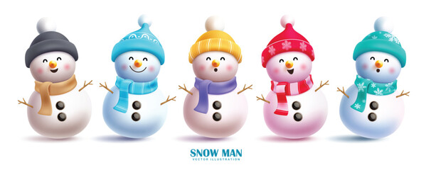 Wall Mural - christmas snowman characters vector set design. snow man 3d character with cute and friendly faces i