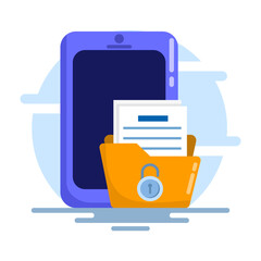 Sticker - Document security concept on mobile phone. File security is locked. Cyber ​​Security Services to Protect Personal Data. Cloud Shared Documents, Server Security and Data Protection. flat vector.