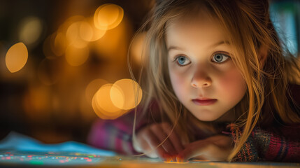 Wall Mural - A young girl is looking at something on a table