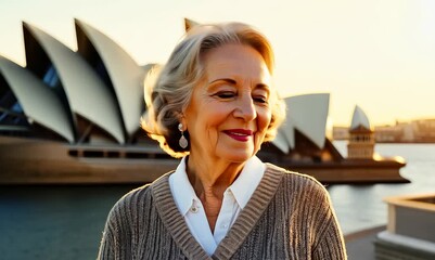 Poster - Lifestyle portrait video of a pleased woman in her 60s that is wearing a chic cardigan at the Sydney Opera House in Sydney Australia