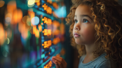 Sticker - A young girl with curly hair is looking at a computer screen with a lot of numbe