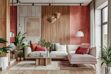 Modern living room interior design with red wall and wooden floor.