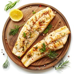 Wall Mural - Board and plate of tasty Whiting with on white background.