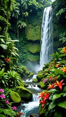 Poster - A majestic waterfall in a lush rainforest, surrounded by vibrant vegetation and colorful flowers