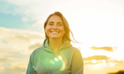 Wall Mural - Group portrait video of a cheerful woman in her 40s wearing a comfortable tracksuit against a sky and clouds background