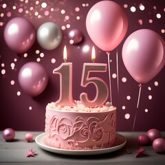 Wall Mural - number 15 candle on a twenty eit year birthday or anniversary cake celebration with balloons, ROSE COLORS