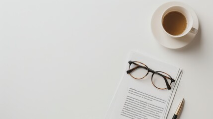 Canvas Print - Home office desk with contract, eyeglasses, and coffee on white background with space for text