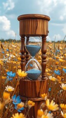 Slow life background with copy space, slow life with an hourglass, and a calm field backdrop