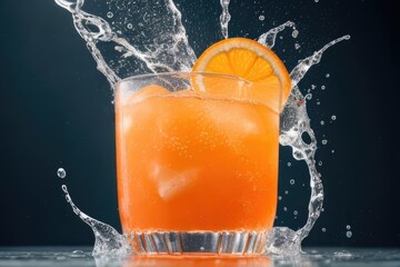 Orange punch cocktail with a splash over a dark background