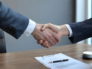 Close up of two business people shaking hands after successful partnership negotiation in office