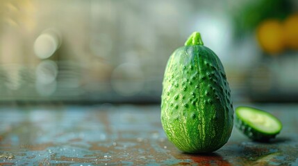 Wall Mural - a cucumber sitting on a table with a knife