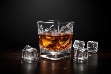 whiskey with ice cubes over a black background