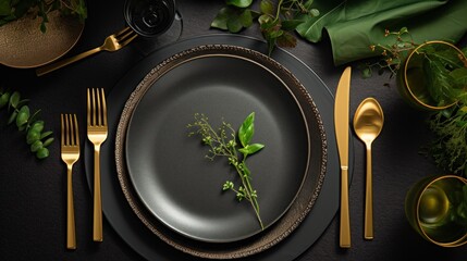 Elegant Gold and Black Table Setting with Greenery