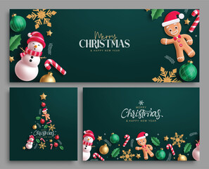 Wall Mural - Merry christmas greeting vector template set design. Christmas invitation card collection with xmas characters, elements and decoration ornaments in green elegant background. Vector illustration 