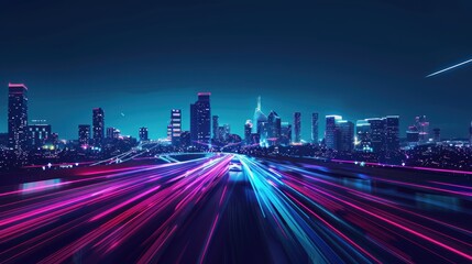 Canvas Print - Neon Cityscape with Blurred Lights of Traffic