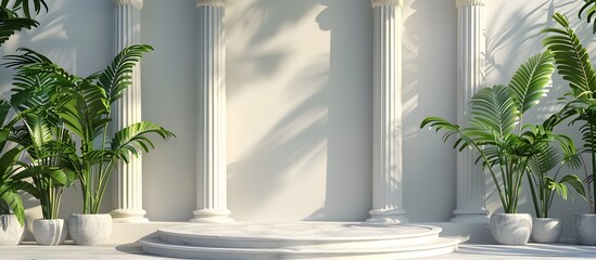 Wall Mural - Background podium column 3d roman luxury greek white ancient display product classic. Podium platform background column pillar stage minimal stand beauty design greece render scene plant cosmetic rome