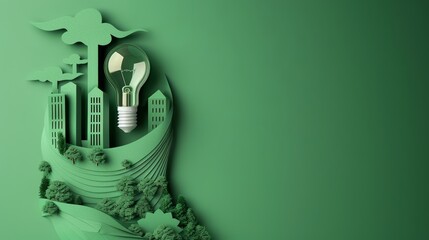 Poster - Paper cut of light bulb with green eco city , Renewable energy by 2050 Carbon neutral energy or greenhouse gas emission CO2 , Save energy creative idea concept 