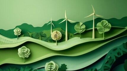 Paper art , renewable energy with green energy as wind turbines , Renewable energy by 2050 Carbon neutral energy , Energy consumption and CO2, Reduce CO2 emission concept 