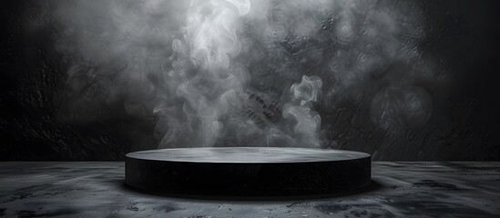 Wall Mural - Podium black dark smoke background product platform abstract stage texture fog spotlight. Dark black floor podium dramatic empty night room table concrete wall scene place display studio smoky dust