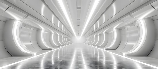 Wall Mural - White background 3D room light abstract space technology tunnel stage floor. Empty white future 3D neon background studio futuristic corridor render modern interior silver road black wall design gray