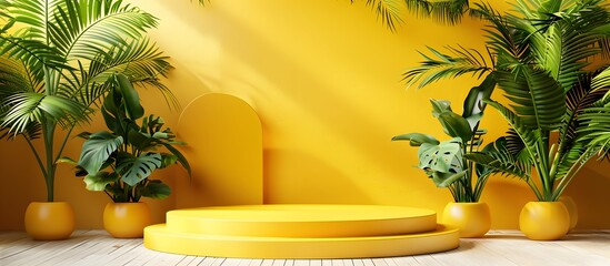 Wall Mural - Yellow podium product background 3d summer display platform nature minimal. Product stand yellow background podium 3d tropical stage scene palm beauty mockup cosmetic abstract table autumn food banner