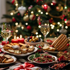 Christmas Dinner table full of dishes with food and snacks, New Year's decor with a Christmas tree on the background 