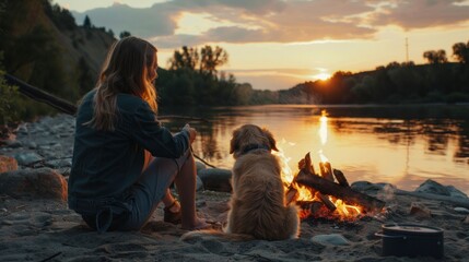 Poster - Woman and dog enjoying sunset campfire on river shore with travel adventure beauty nature outdoors theme