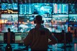 © Thaniya - Air traffic controller in modern control room, overseeing flight operations. Multiple screens displaying flight data, coordination, technology, precision in managing air traffic efficiently.