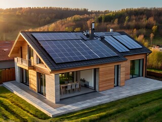 Close-up of a new suburban house with a photovoltaic system on the roof. Simple and modern environmentally friendly house with solar panels on the gable roof, with sunlight during the day