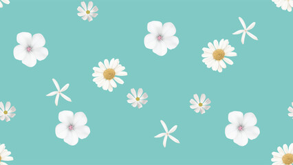 Poster - Floral seamless pattern, assorted white flowers on blue background