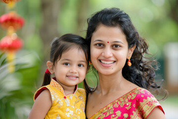 Wall Mural - Indian mother and daughter in cheongsam enjoy the lunar new year celebration