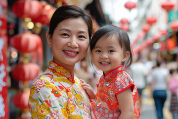 Wall Mural - Malay mother and daughter in cheongsam enjoy the lunar new year celebration