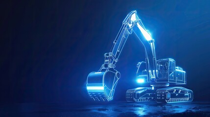 Hologram of a excavator on the dark blue background.