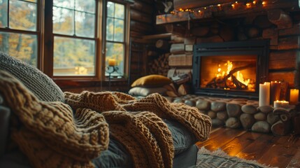 Cozy cabin interior with fireplace and knitted blankets